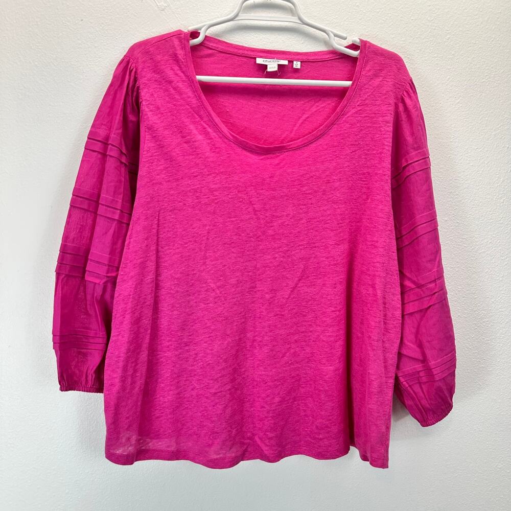 Chico's Linen Balloon Sleeve Pink Blouse 3 XL Contemporary Minimalist